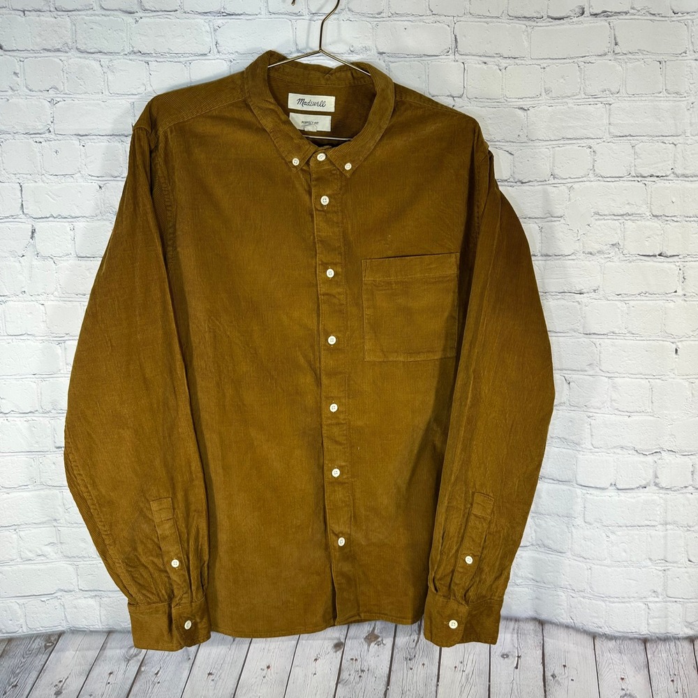Madewell Mens Perfect Fit Corduroy Shirt Brown Cotton Button Down L FA20 2005422